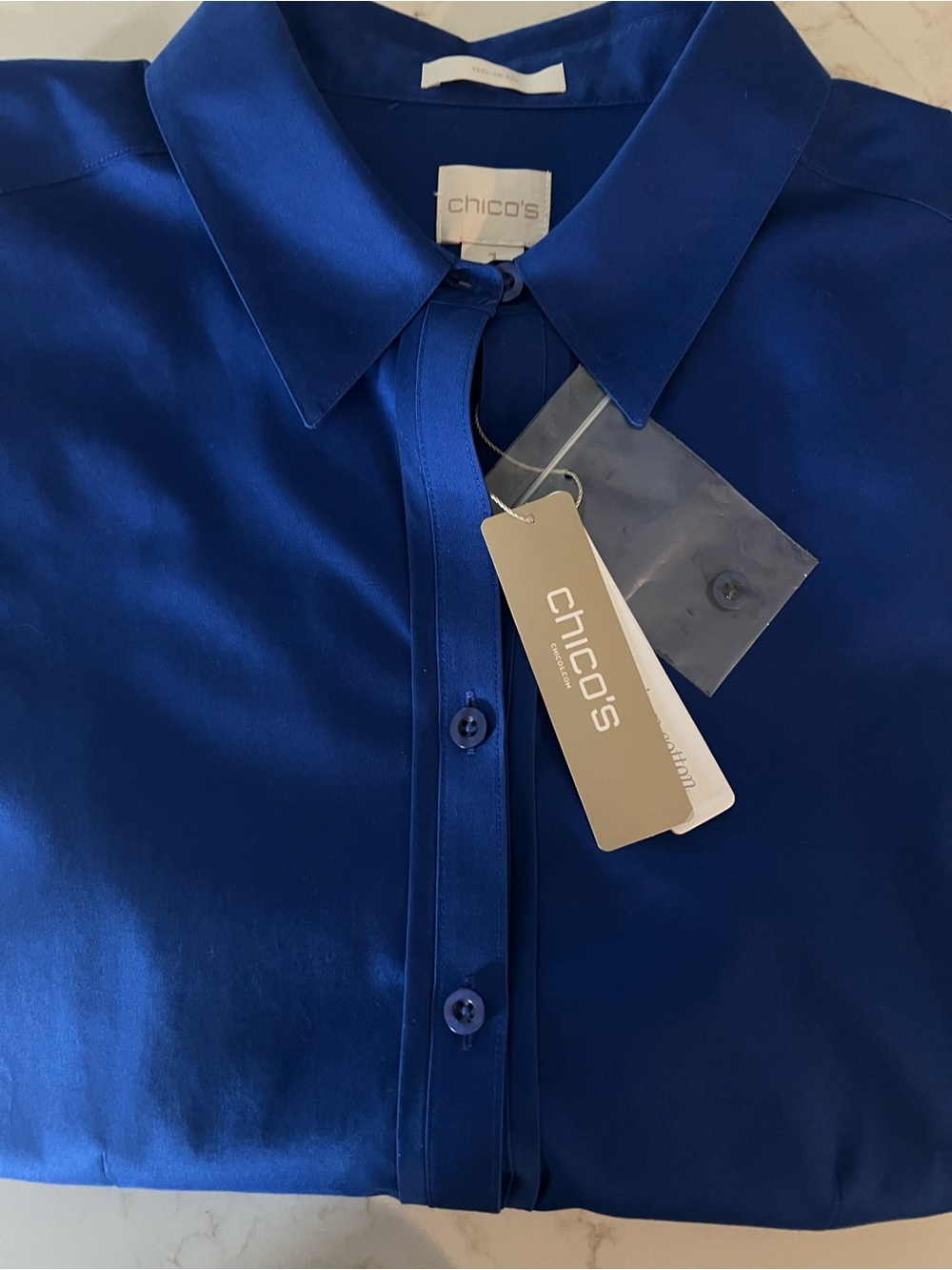 NEW Chico’s No Iron Cotton Button Front Blouse Royal Blue Size 1 US Medium - Picture 5 of 13